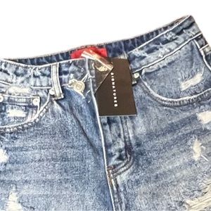 NWT Signature8 Distressed Jeans Button Fly Med Wash High Rise Blue Shorts Small